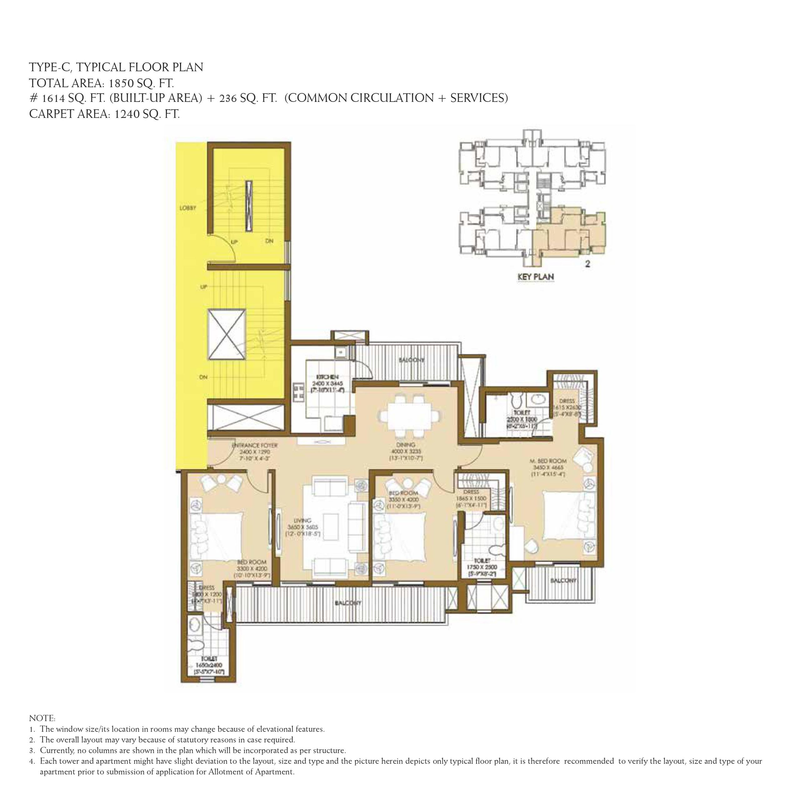 3 BHK floor plan — 1,610 sq.ft