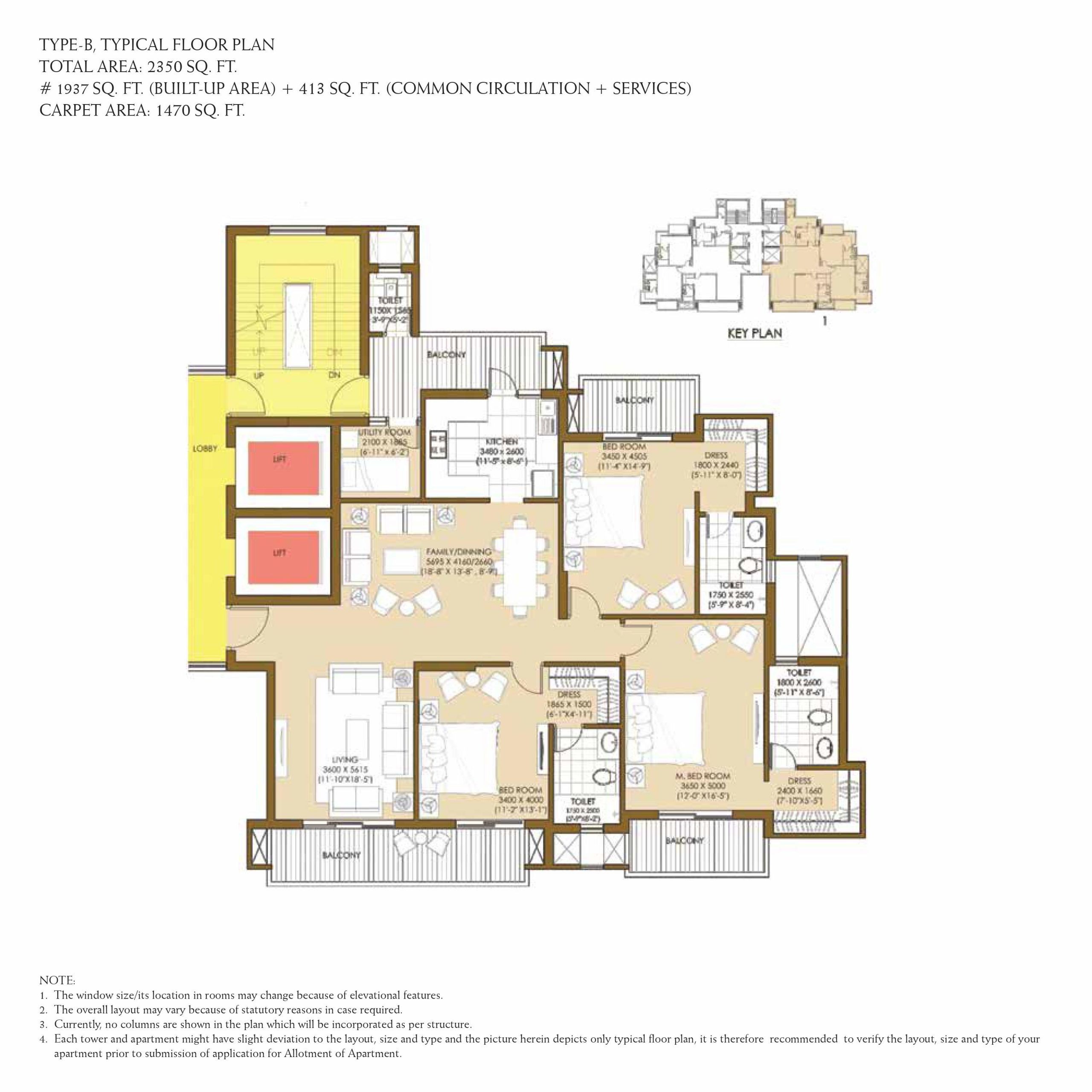 3 BHK + Study/Servant floor plan (Type B, 2350 sq.ft.)
