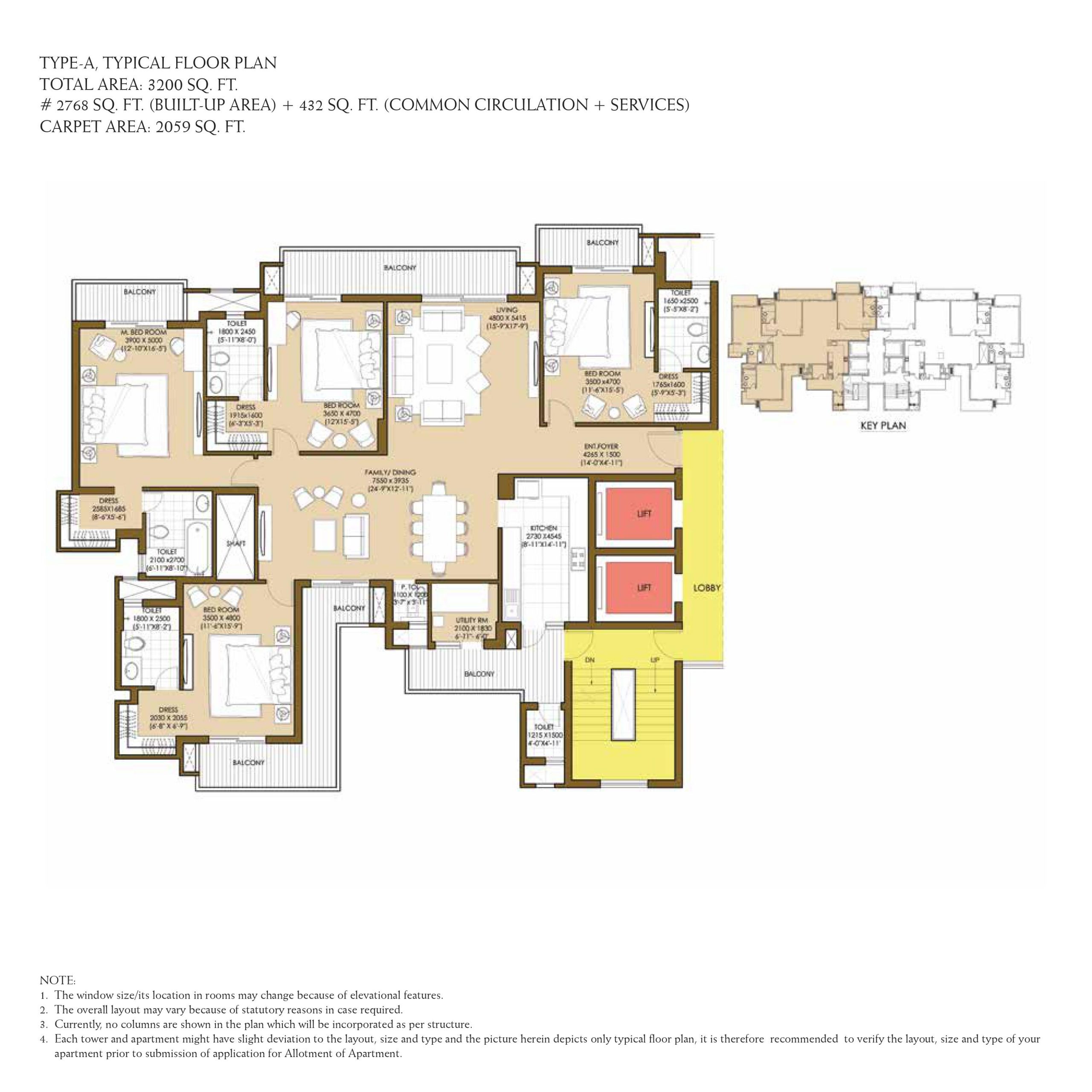 4 BHK + Study floor plan (Type A, 3200 sq.ft.)