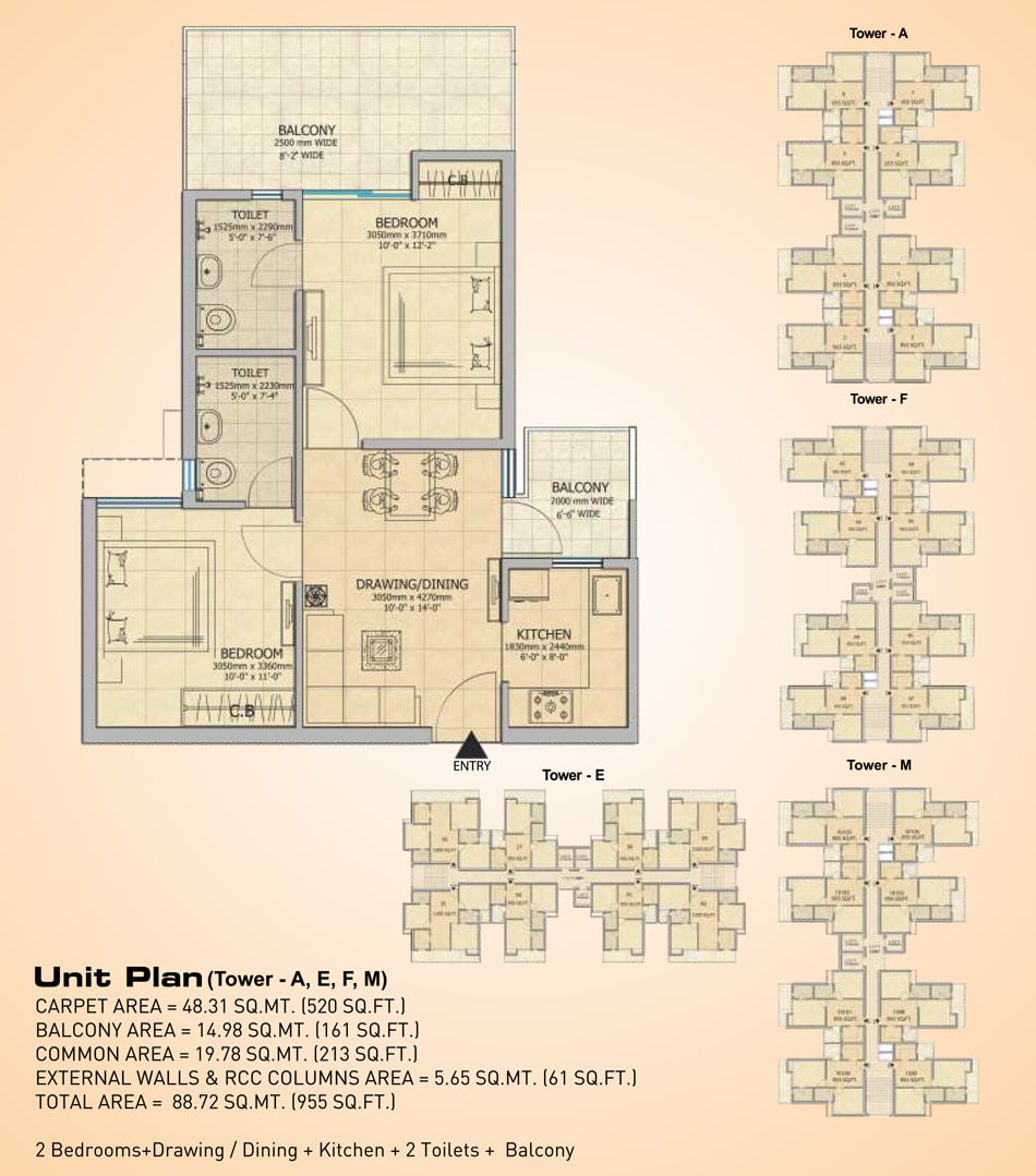 2 BHK floor plan — 900 sq.ft