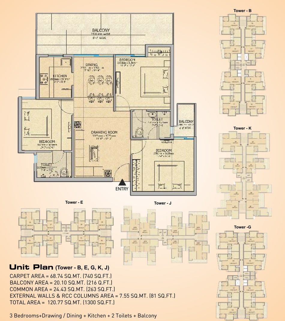 3 BHK floor plan — 1,320 sq.ft