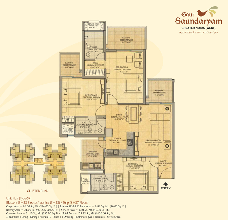 3 BHK floor plan — 1,400 sq.ft
